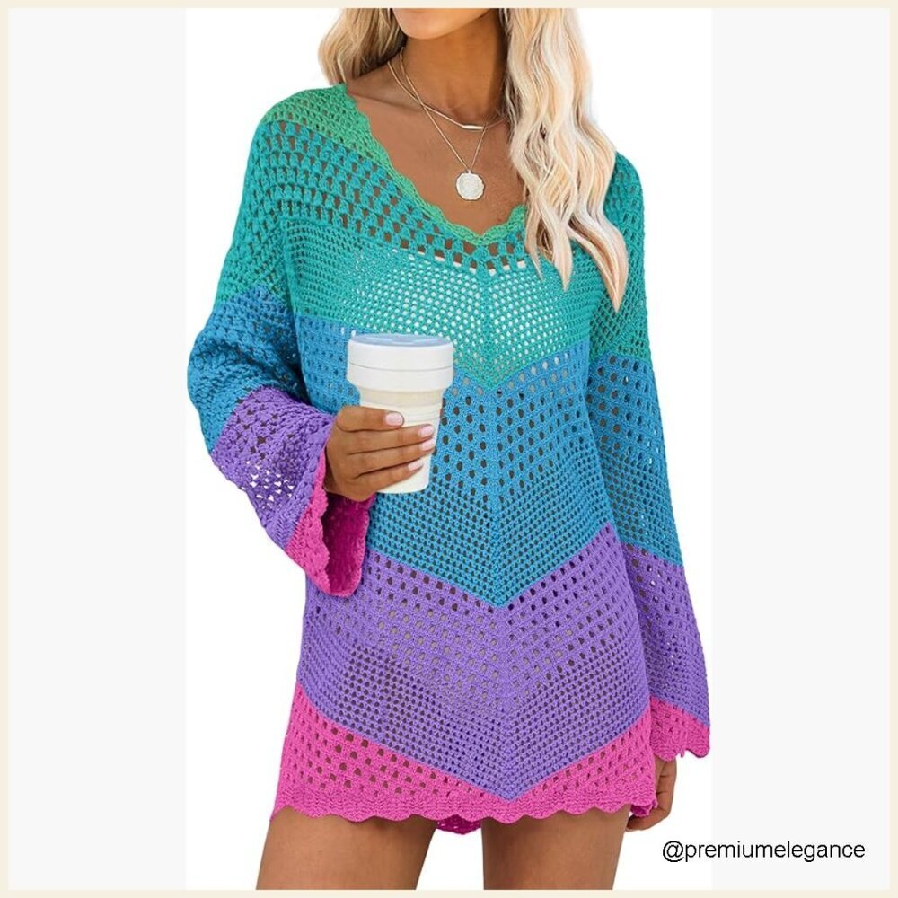 Large Acrylic Mesh Knit Cover Up Long Sleeve V Neck Beach Dress
